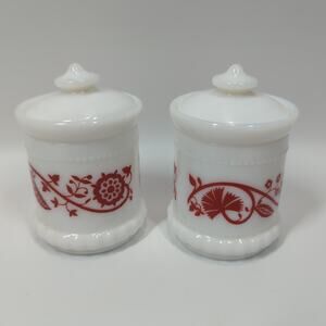 Lot Of 2 Hazel Atlas Milk Glass RED Sweet Pea Mustard Spice Jars With Lids